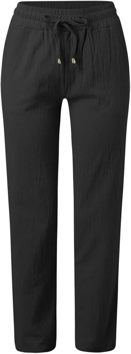 Womens Wide Leg Trousers Yoga Pants for Women Linen Flowy Beach Pants Casual Dressy Cotton Drawstring Pants Summer Outfits