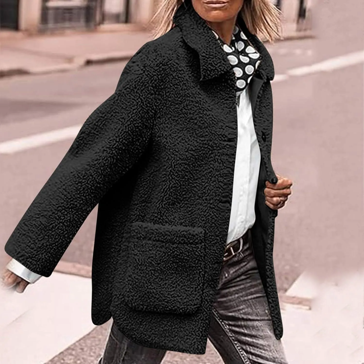 Womens Winter Coats Lapel Button Down Sherpa Jacket Long Sleeve Faux Fur Coats Fleece Jacket Outerwear with Pockets