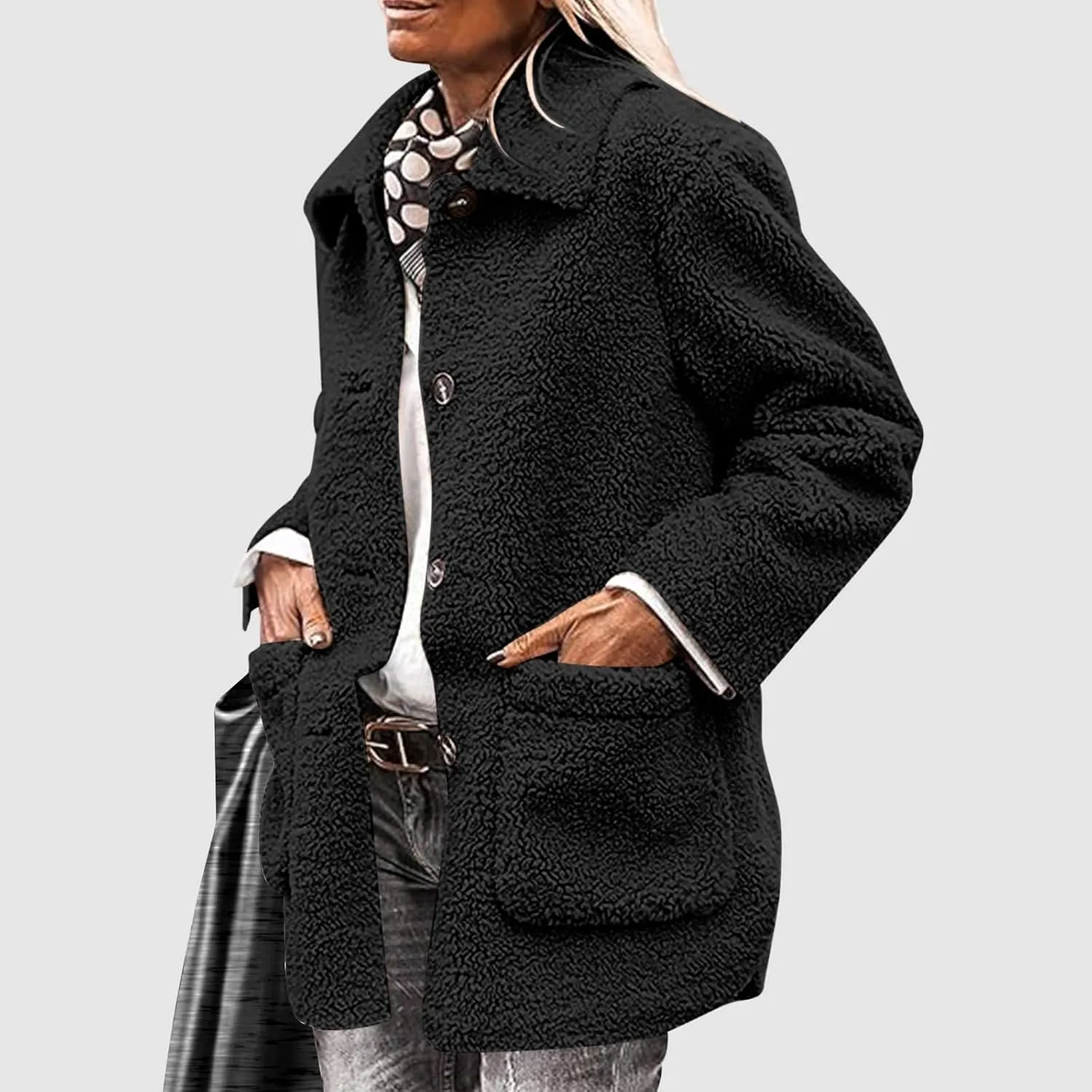 Womens Winter Coats Lapel Button Down Sherpa Jacket Long Sleeve Faux Fur Coats Fleece Jacket Outerwear with Pockets