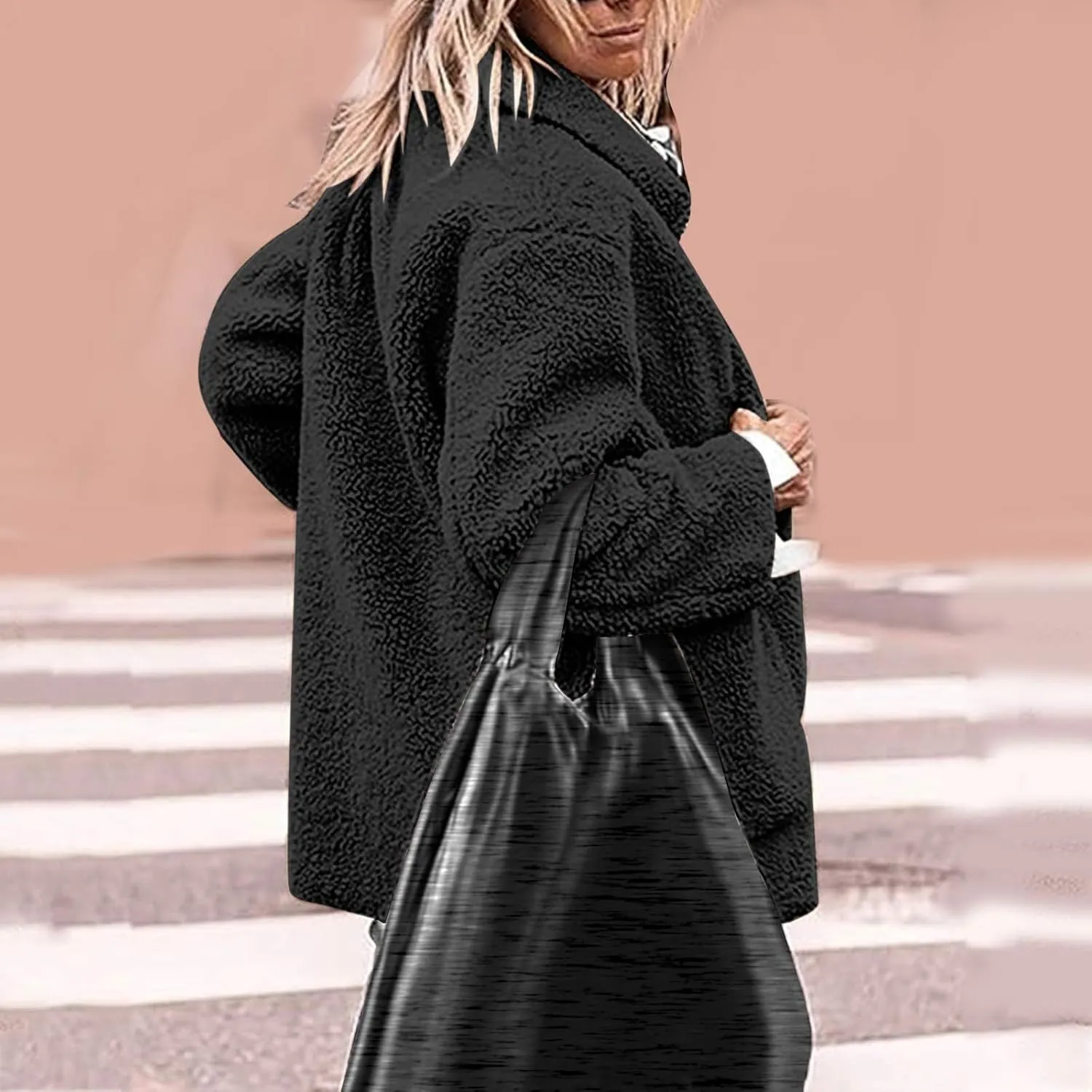 Womens Winter Coats Lapel Button Down Sherpa Jacket Long Sleeve Faux Fur Coats Fleece Jacket Outerwear with Pockets