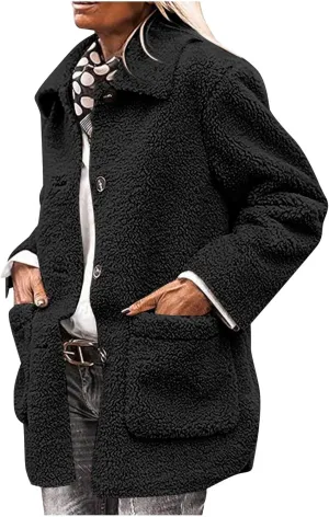 Womens Winter Coats Lapel Button Down Sherpa Jacket Long Sleeve Faux Fur Coats Fleece Jacket Outerwear with Pockets