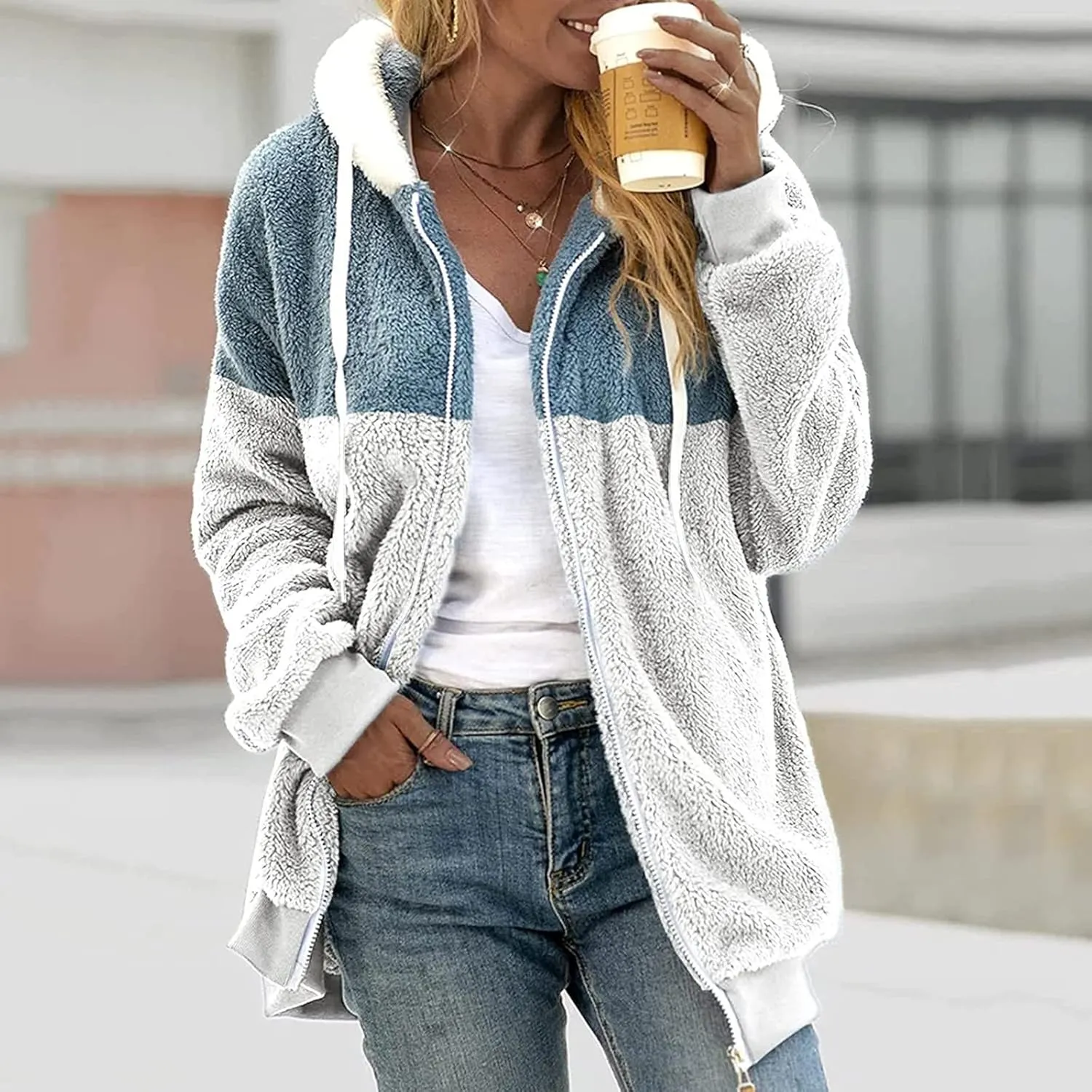 Womens Y2k Tops Zipper Long Sleeve Stitching Coats Color Block Fleece Plush Hooded Jacket Dressy Outerwear