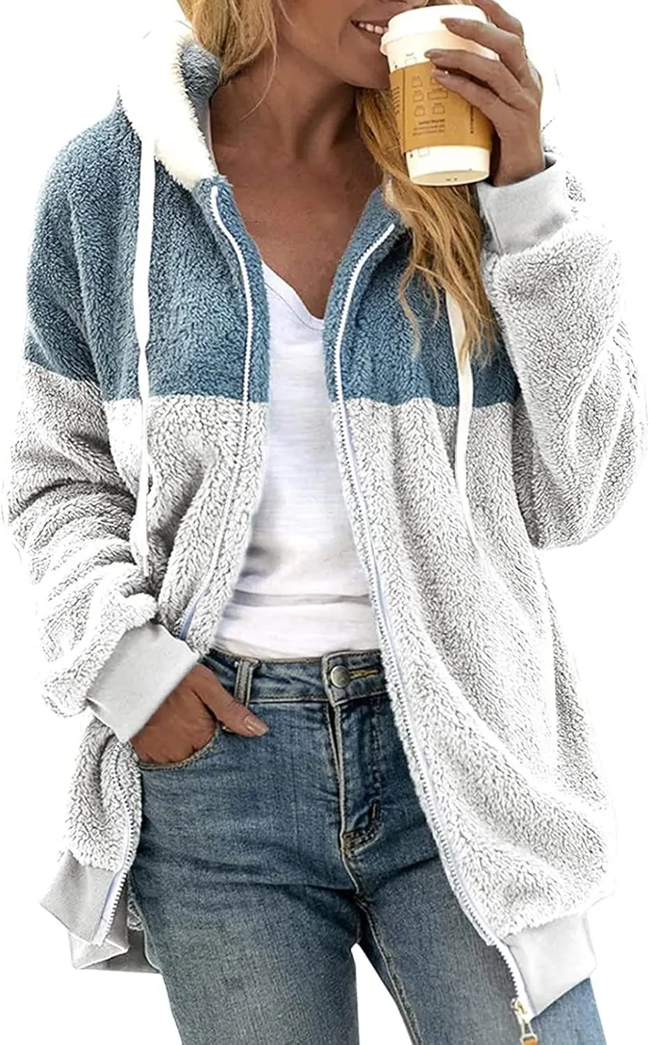Womens Y2k Tops Zipper Long Sleeve Stitching Coats Color Block Fleece Plush Hooded Jacket Dressy Outerwear