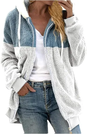Womens Y2k Tops Zipper Long Sleeve Stitching Coats Color Block Fleece Plush Hooded Jacket Dressy Outerwear