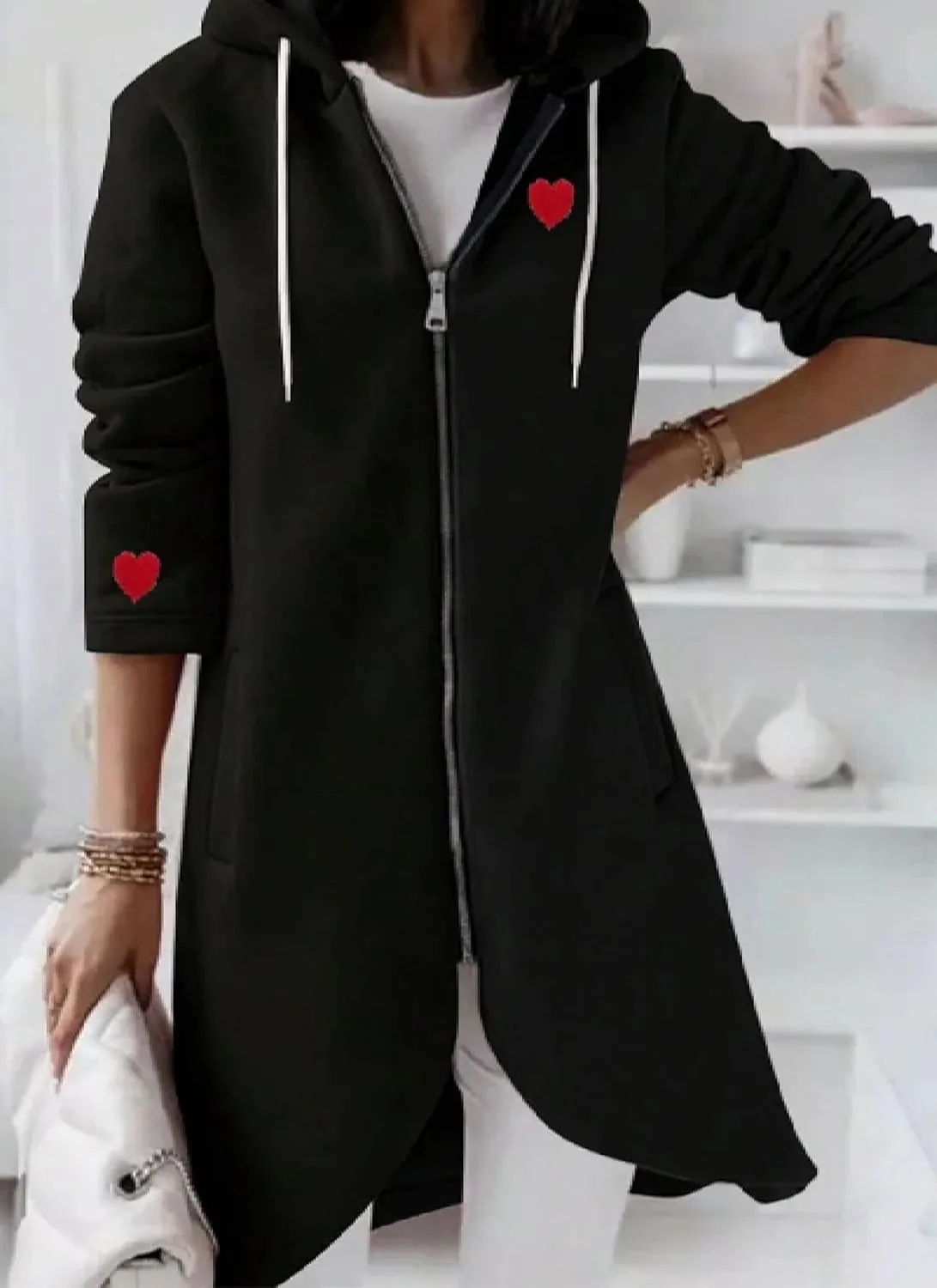Women's Zip Up Long Hoodies Oversized Long Sleeve Drawstring Hooded Sweatshirts Casual Fashion Ruffled Hem Jackets