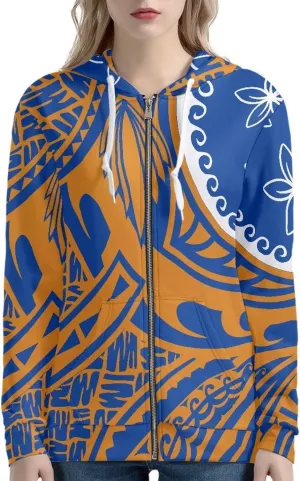Women's Zip Up Samoa Tapa Polynesian Tribal Hoodies Jacket Samoan Puletasi Drawstring Long Sleeve Sweatshirt