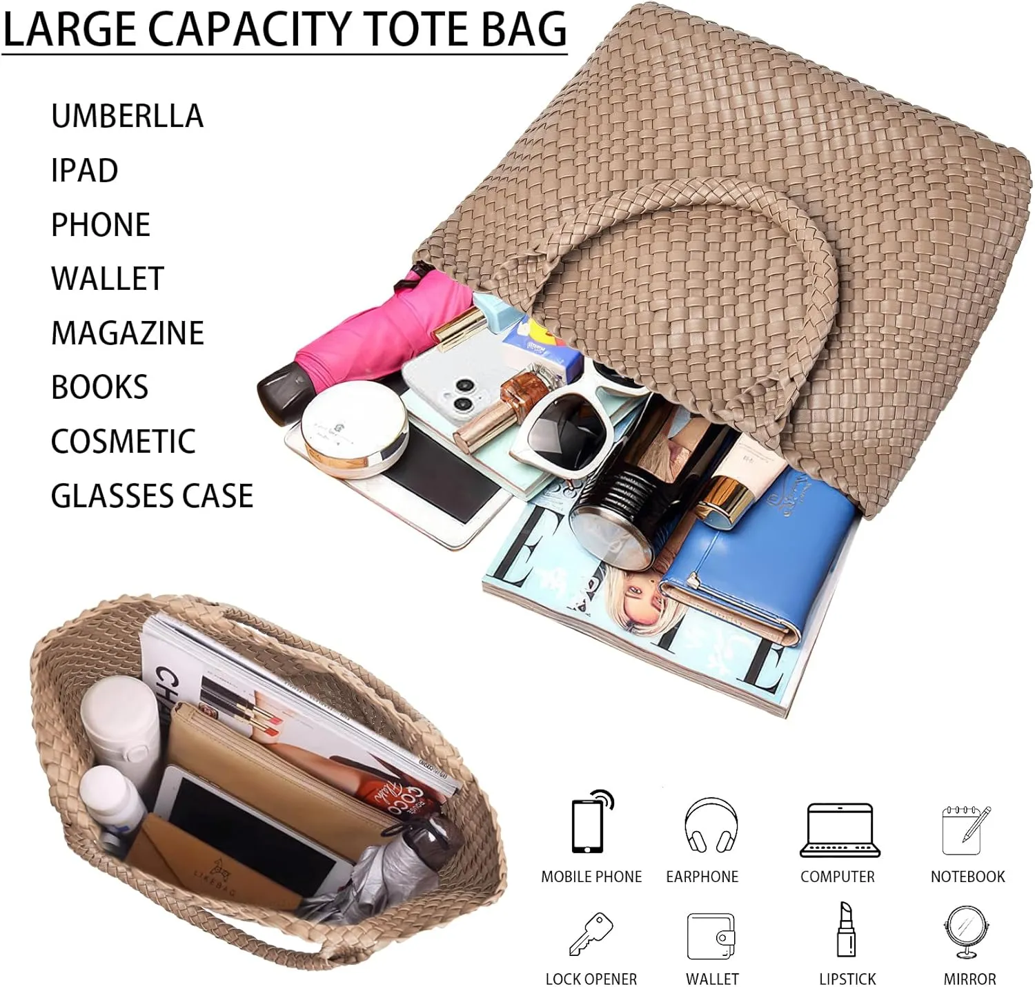 Woven Shoulder Bag for Women, Fashion Top Handle Soft Vegan Leather Shopper