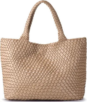 Woven Shoulder Bag for Women, Fashion Top Handle Soft Vegan Leather Shopper