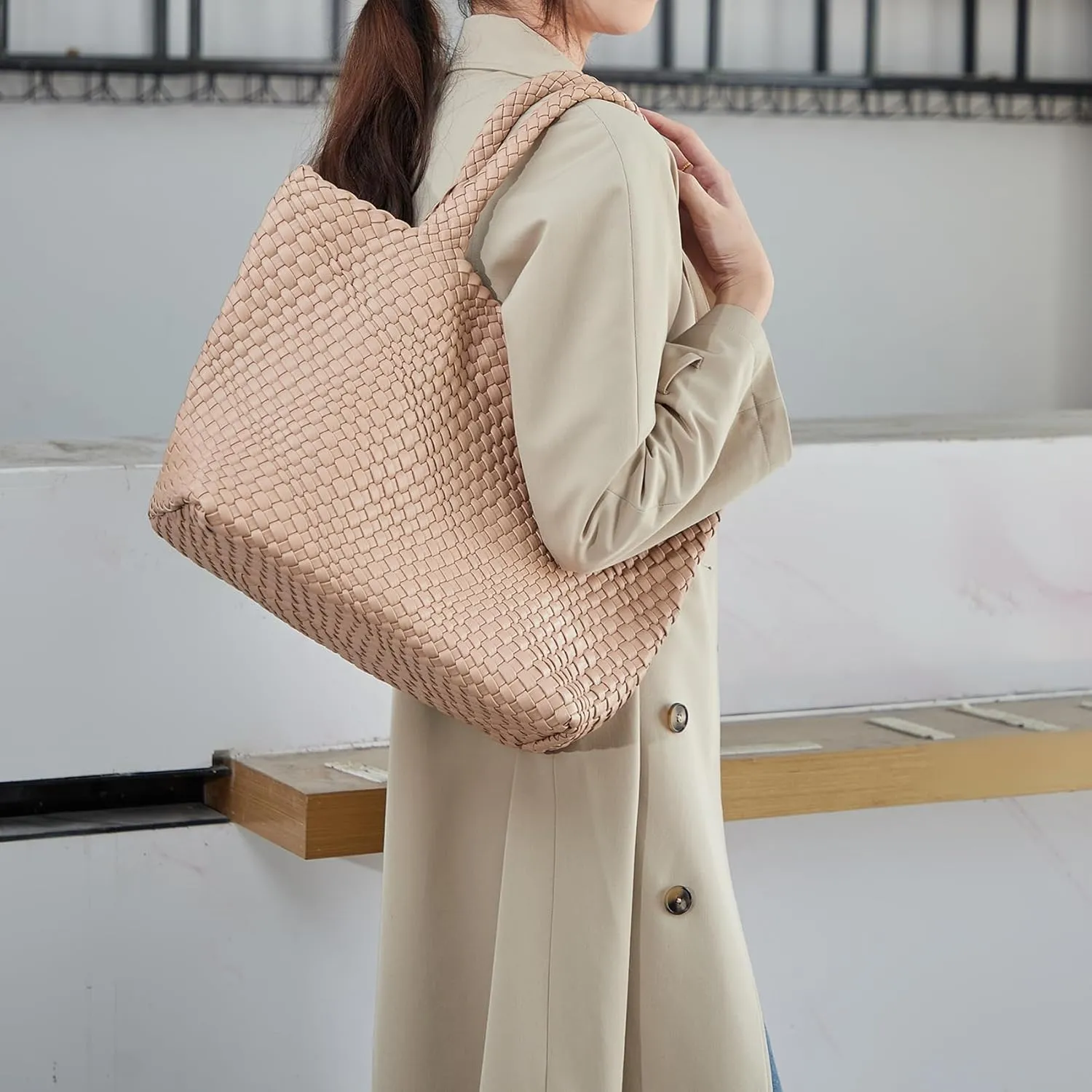 Woven Shoulder Bag for Women, Fashion Top Handle Soft Vegan Leather Shopper
