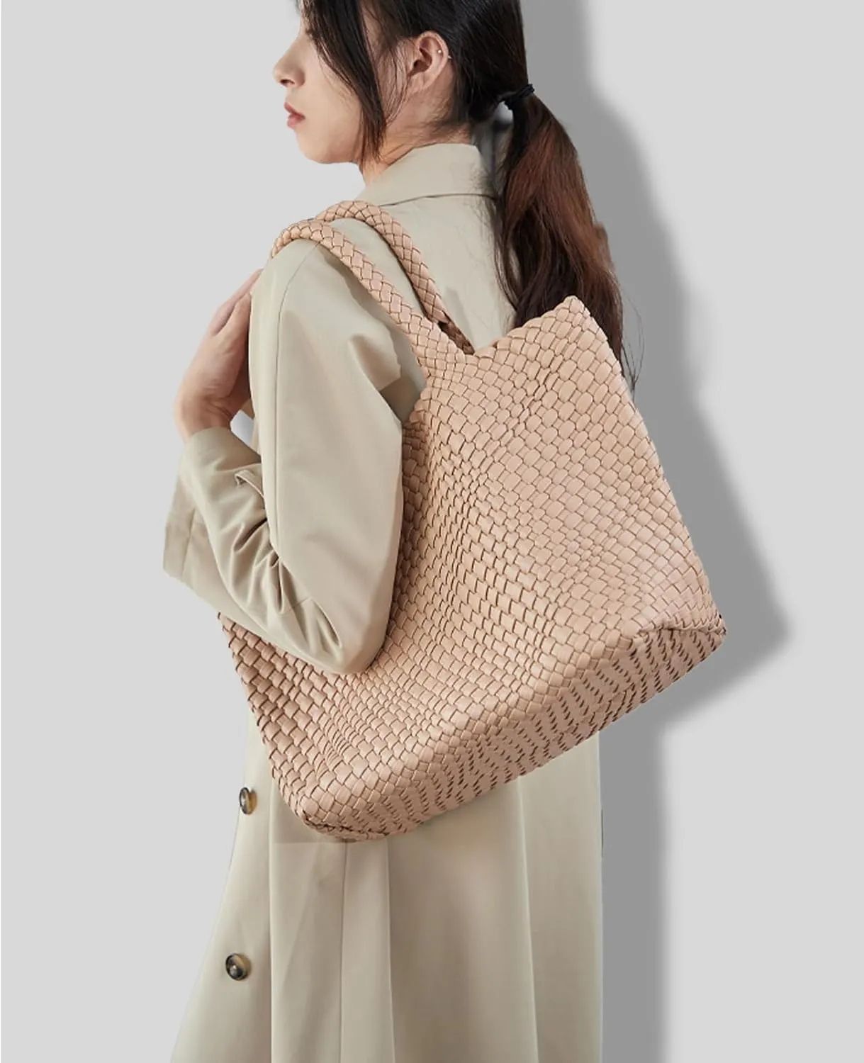 Woven Shoulder Bag for Women, Fashion Top Handle Soft Vegan Leather Shopper
