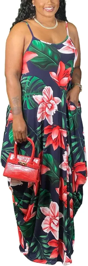 WUSENST Women's Casual Adjustable Spaghetti Strap Maxi Dress Plus Size Sundresses with Pockets