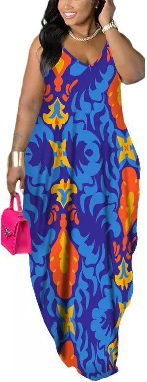 WUSENST Women's Casual Adjustable Spaghetti Strap Maxi Dress Plus Size Sundresses with Pockets