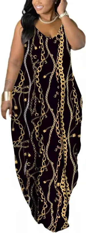 WUSENST Women's Casual Adjustable Spaghetti Strap Maxi Dress Plus Size Sundresses with Pockets