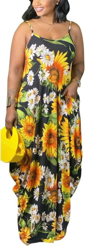 WUSENST Women's Casual Adjustable Spaghetti Strap Maxi Dress Plus Size Sundresses with Pockets