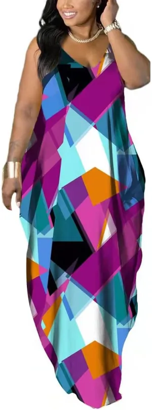 WUSENST Women's Casual Adjustable Spaghetti Strap Maxi Dress Plus Size Sundresses with Pockets