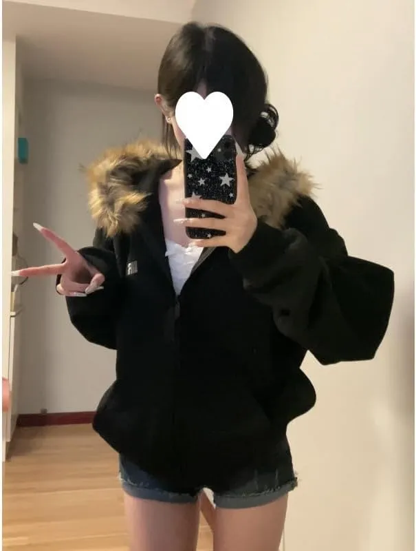 Y2k Zip Up Hoodie Fur Jackets Winter Coats Teen Emo Grunge 2000s Clothes Vintage Streetwear Women