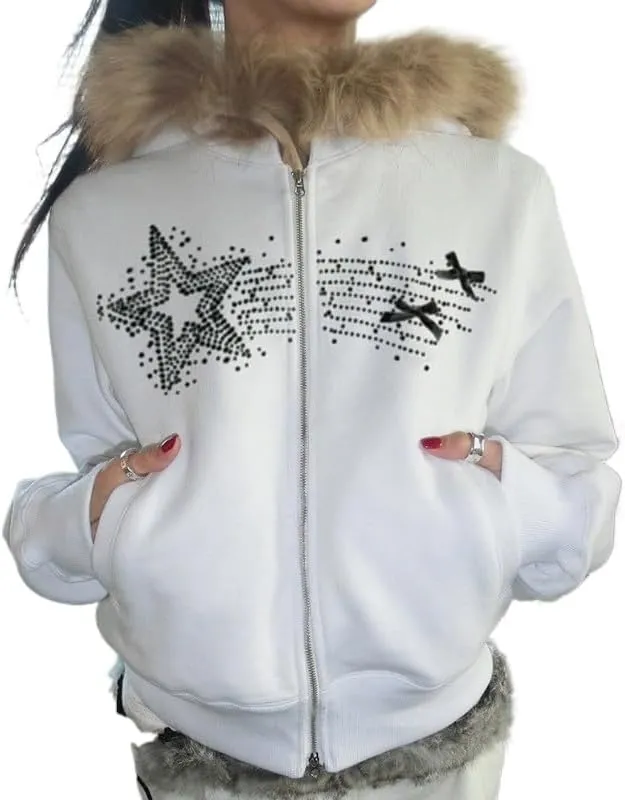 Y2k Zip Up Hoodie Fur Jackets Winter Coats Teen Emo Grunge 2000s Clothes Vintage Streetwear Women