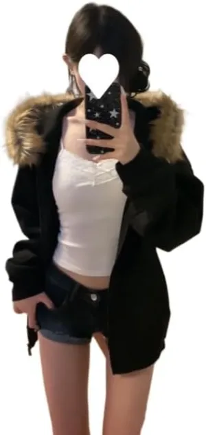 Y2k Zip Up Hoodie Fur Jackets Winter Coats Teen Emo Grunge 2000s Clothes Vintage Streetwear Women