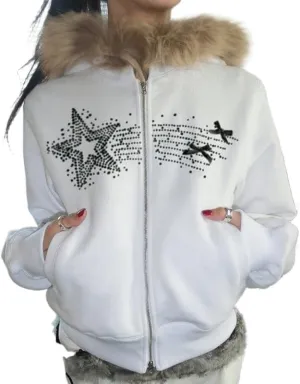 Y2k Zip Up Hoodie Fur Jackets Winter Coats Teen Emo Grunge 2000s Clothes Vintage Streetwear Women
