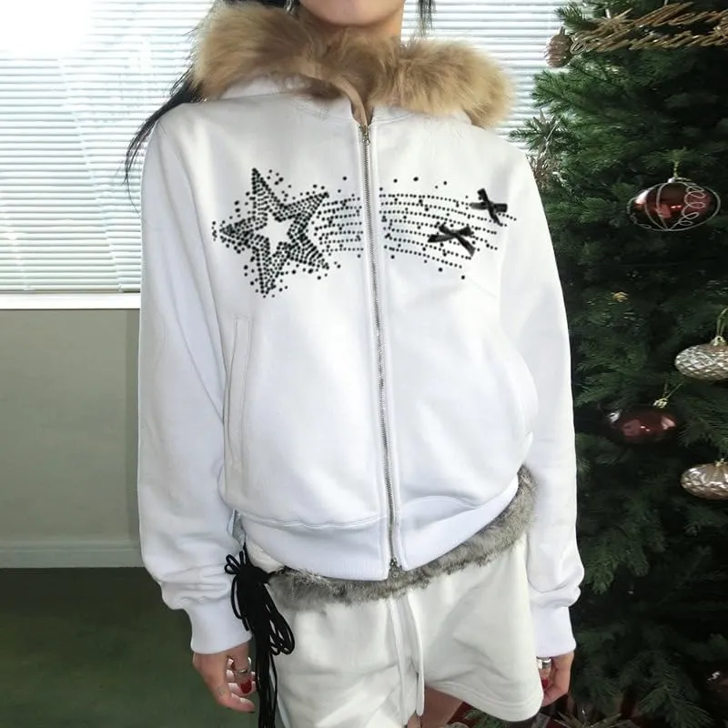 Y2k Zip Up Hoodie Fur Jackets Winter Coats Teen Emo Grunge 2000s Clothes Vintage Streetwear Women