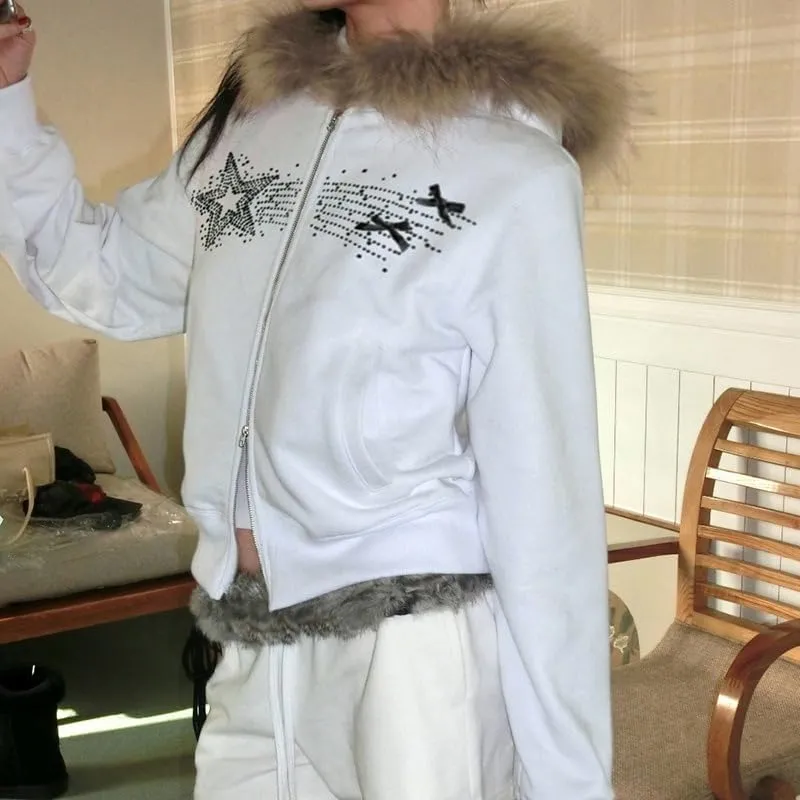 Y2k Zip Up Hoodie Fur Jackets Winter Coats Teen Emo Grunge 2000s Clothes Vintage Streetwear Women
