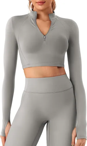 YEOREO Women Zip Up Long Sleeve Workout Crop Top Mock Neck Yoga Shirt