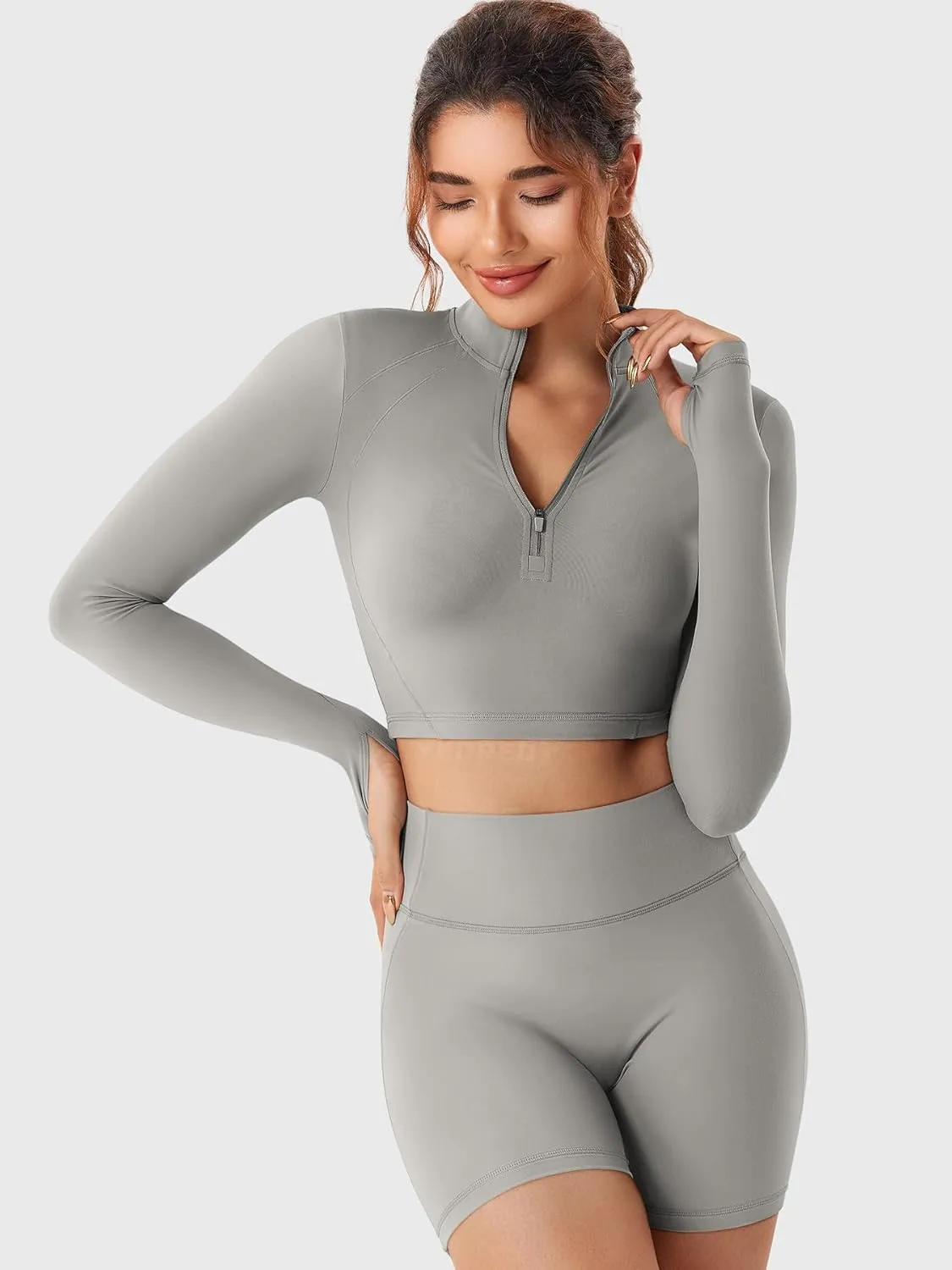 YEOREO Women Zip Up Long Sleeve Workout Crop Top Mock Neck Yoga Shirt