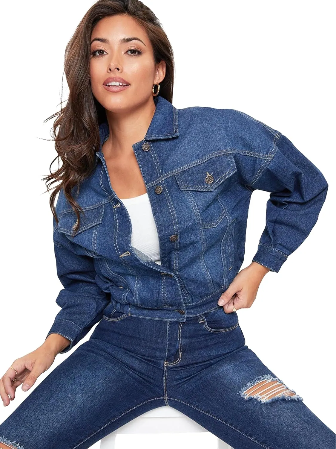 YMI Women's Junior 80's Denim Oversized Jacket