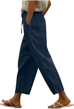 YRAETENM Cotton Linen Pants for Women Casual Elastic Waist Straight Leg Tapered Trousers Side Button Slacks with Pockets
