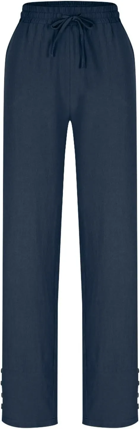 YRAETENM Cotton Linen Pants for Women Casual Elastic Waist Straight Leg Tapered Trousers Side Button Slacks with Pockets