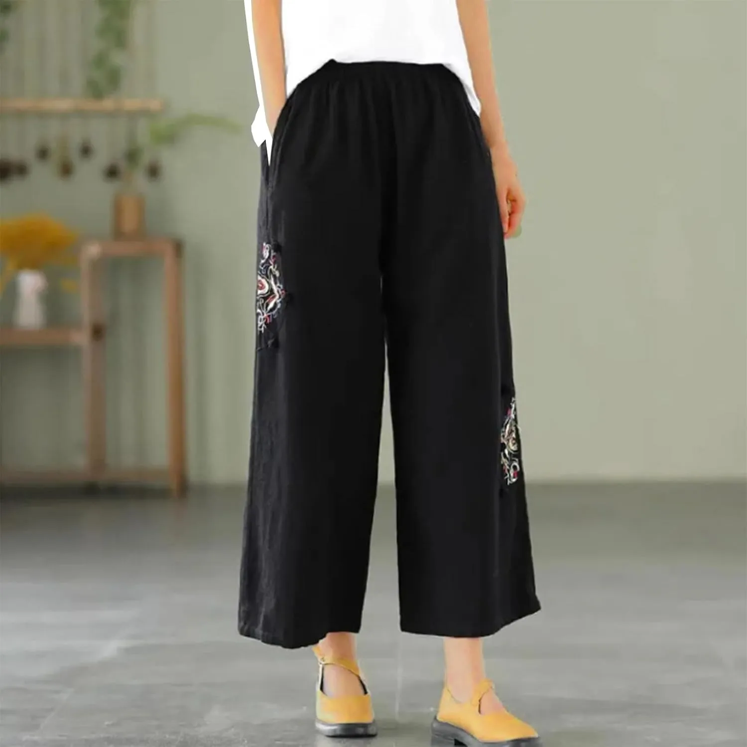 YRAETENM Cotton Linen Pants for Women Embroideried Capri Palazzo Wide Leg Pants Comfy Baggy Slacks Trousers with Pockets