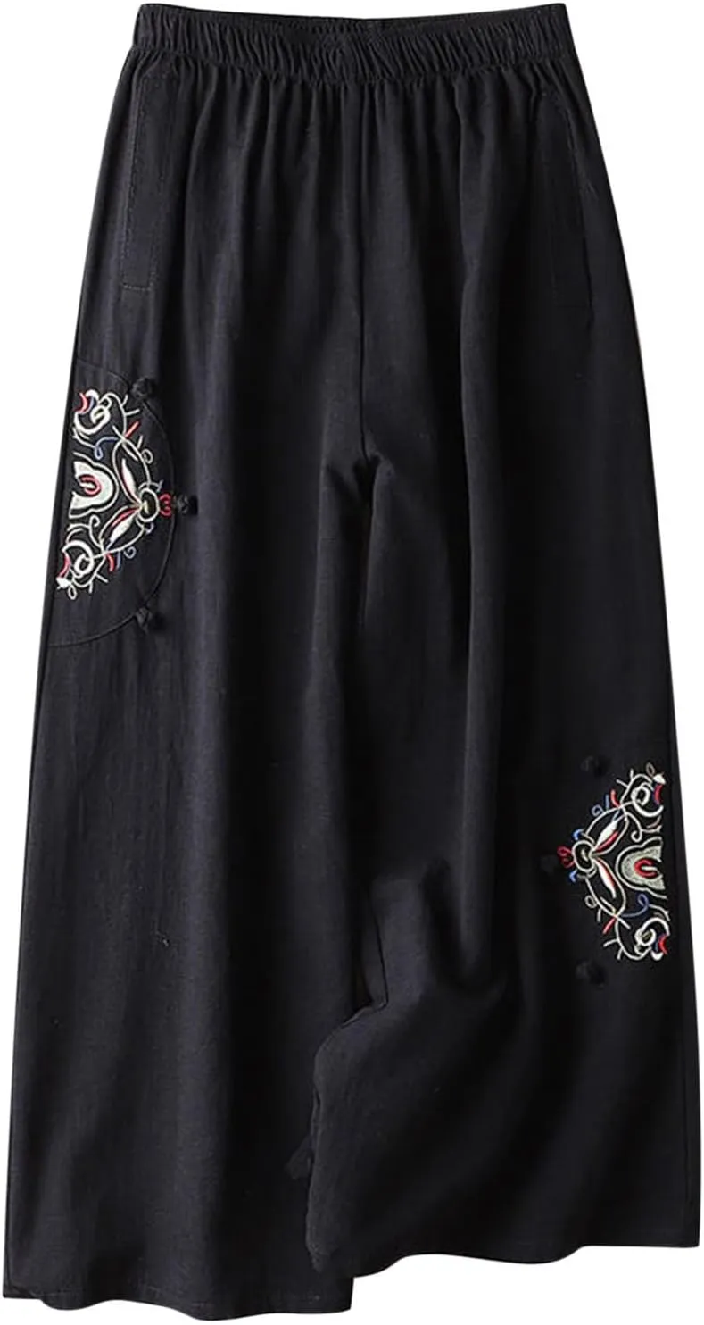 YRAETENM Cotton Linen Pants for Women Embroideried Capri Palazzo Wide Leg Pants Comfy Baggy Slacks Trousers with Pockets