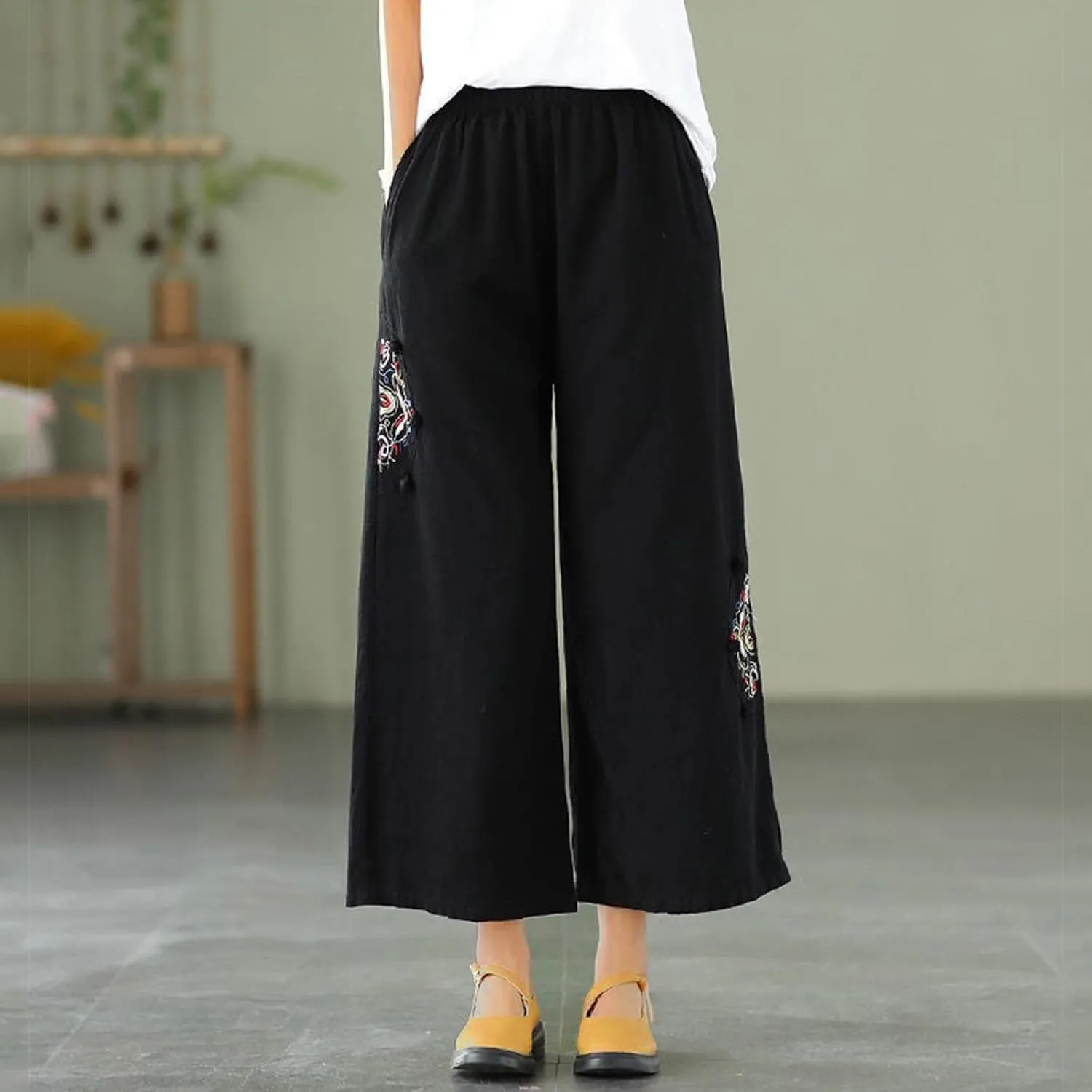 YRAETENM Cotton Linen Pants for Women Embroideried Capri Palazzo Wide Leg Pants Comfy Baggy Slacks Trousers with Pockets