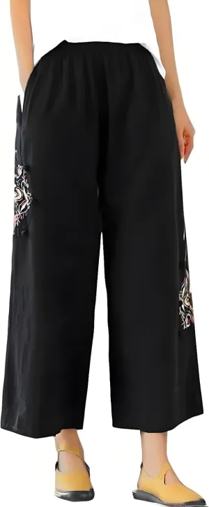 YRAETENM Cotton Linen Pants for Women Embroideried Capri Palazzo Wide Leg Pants Comfy Baggy Slacks Trousers with Pockets