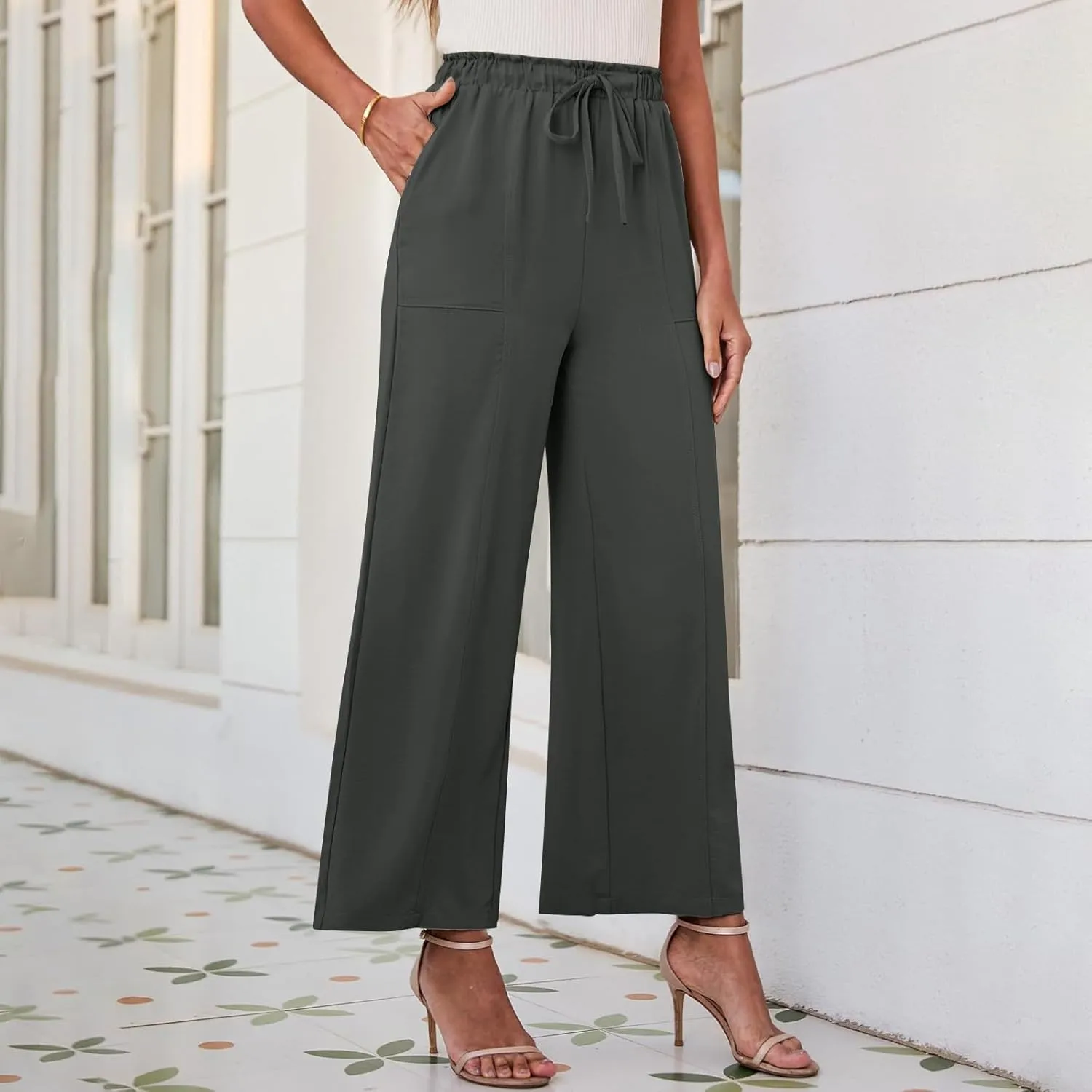 YRAETENM Cotton Linen Wide Leg Pants for Women Summer Boho Wide Leg Palazzo Pants Casual Flowy Beach Trousers with Pockets