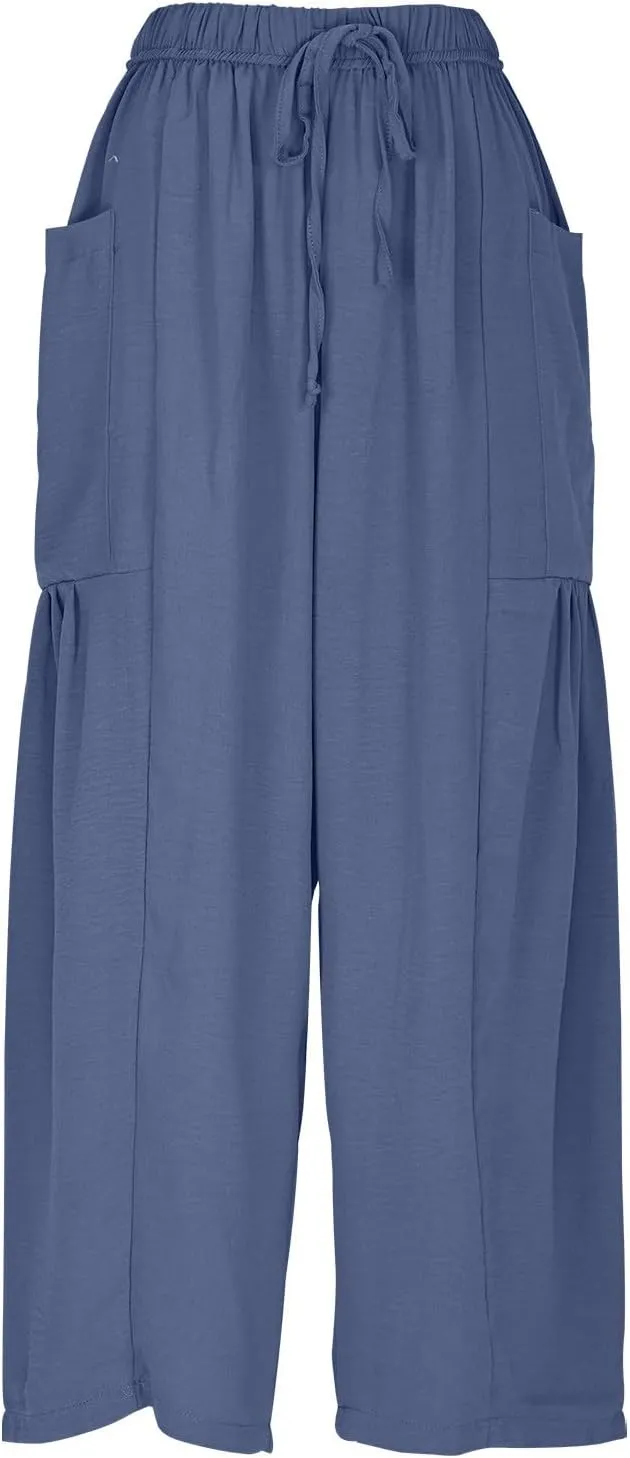 YRAETENM Women Linen Baggy Harem Pants Summer Drawstring High Waist Wide Leg Pants Loose Flowy Casual Palazzo Lounge Trousers