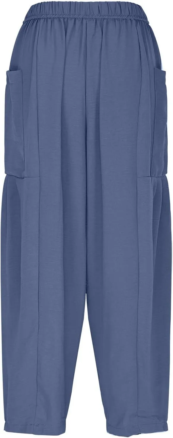 YRAETENM Women Linen Baggy Harem Pants Summer Drawstring High Waist Wide Leg Pants Loose Flowy Casual Palazzo Lounge Trousers