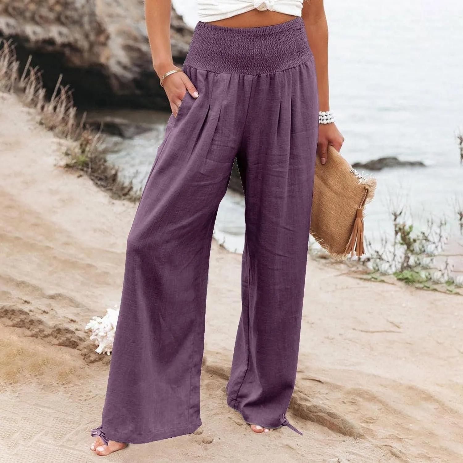 YRAETENM Womens Cotton Linen Palazzo Pants Summer Boho Wide Leg Lounge Pants Drawstring Casual Beach Trousers with Pockets