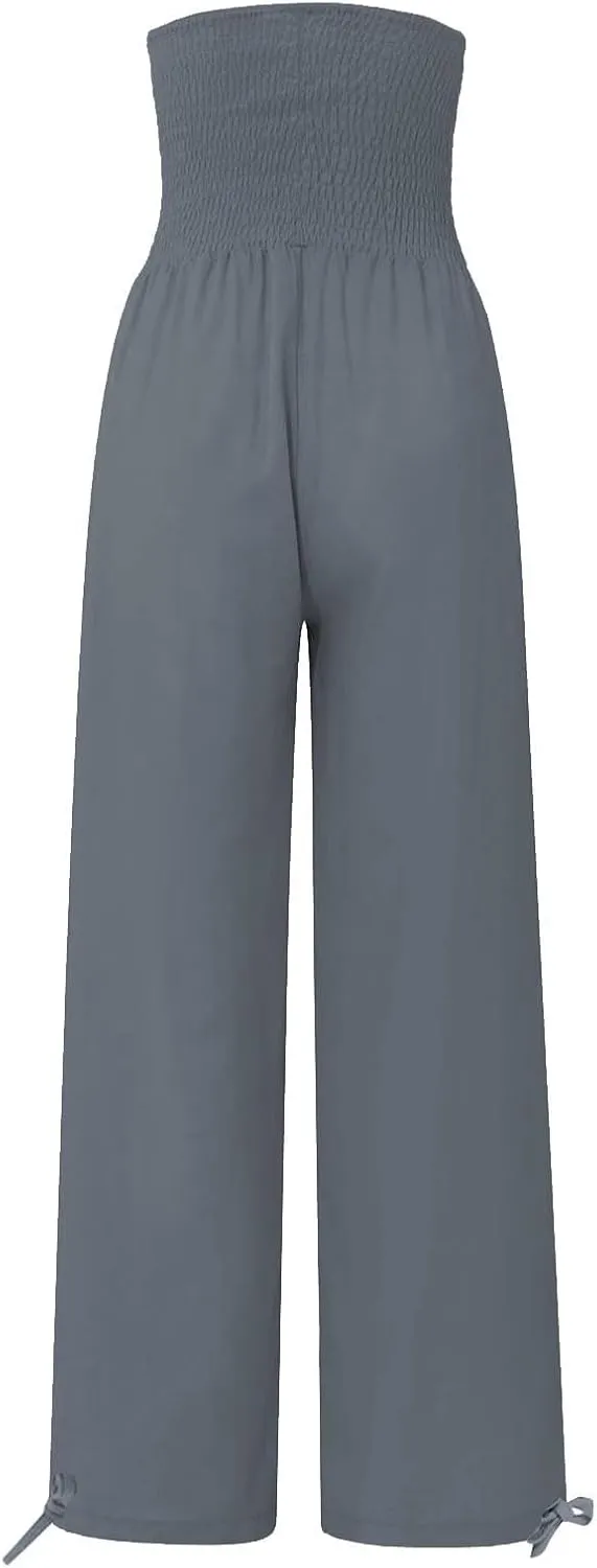 YRAETENM Womens Cotton Linen Palazzo Pants Summer Boho Wide Leg Lounge Pants Drawstring Casual Beach Trousers with Pockets