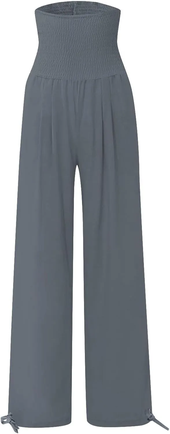 YRAETENM Womens Cotton Linen Palazzo Pants Summer Boho Wide Leg Lounge Pants Drawstring Casual Beach Trousers with Pockets