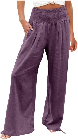 YRAETENM Womens Cotton Linen Palazzo Pants Summer Boho Wide Leg Lounge Pants Drawstring Casual Beach Trousers with Pockets