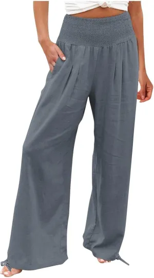 YRAETENM Womens Cotton Linen Palazzo Pants Summer Boho Wide Leg Lounge Pants Drawstring Casual Beach Trousers with Pockets