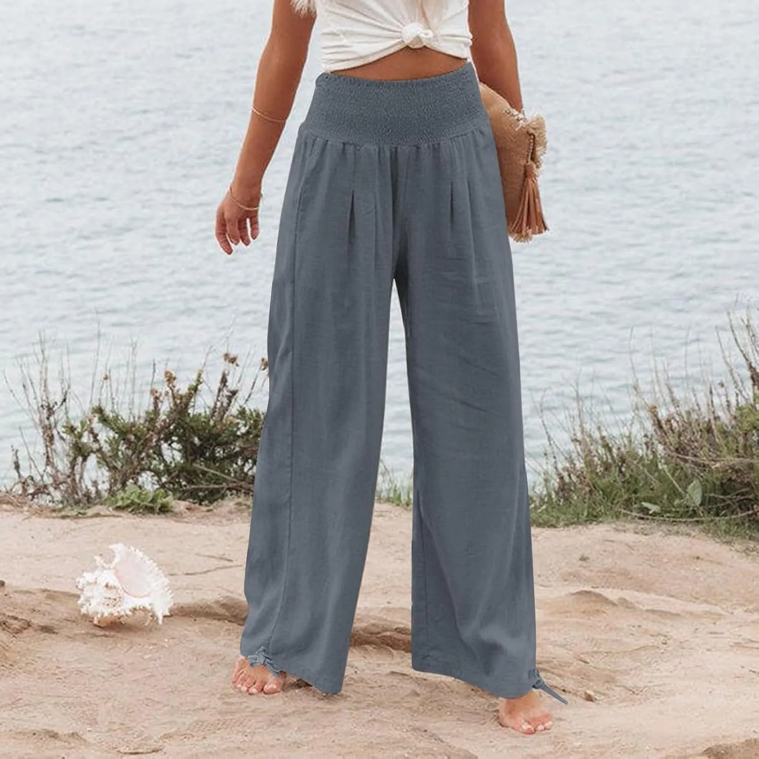 YRAETENM Womens Cotton Linen Palazzo Pants Summer Boho Wide Leg Lounge Pants Drawstring Casual Beach Trousers with Pockets