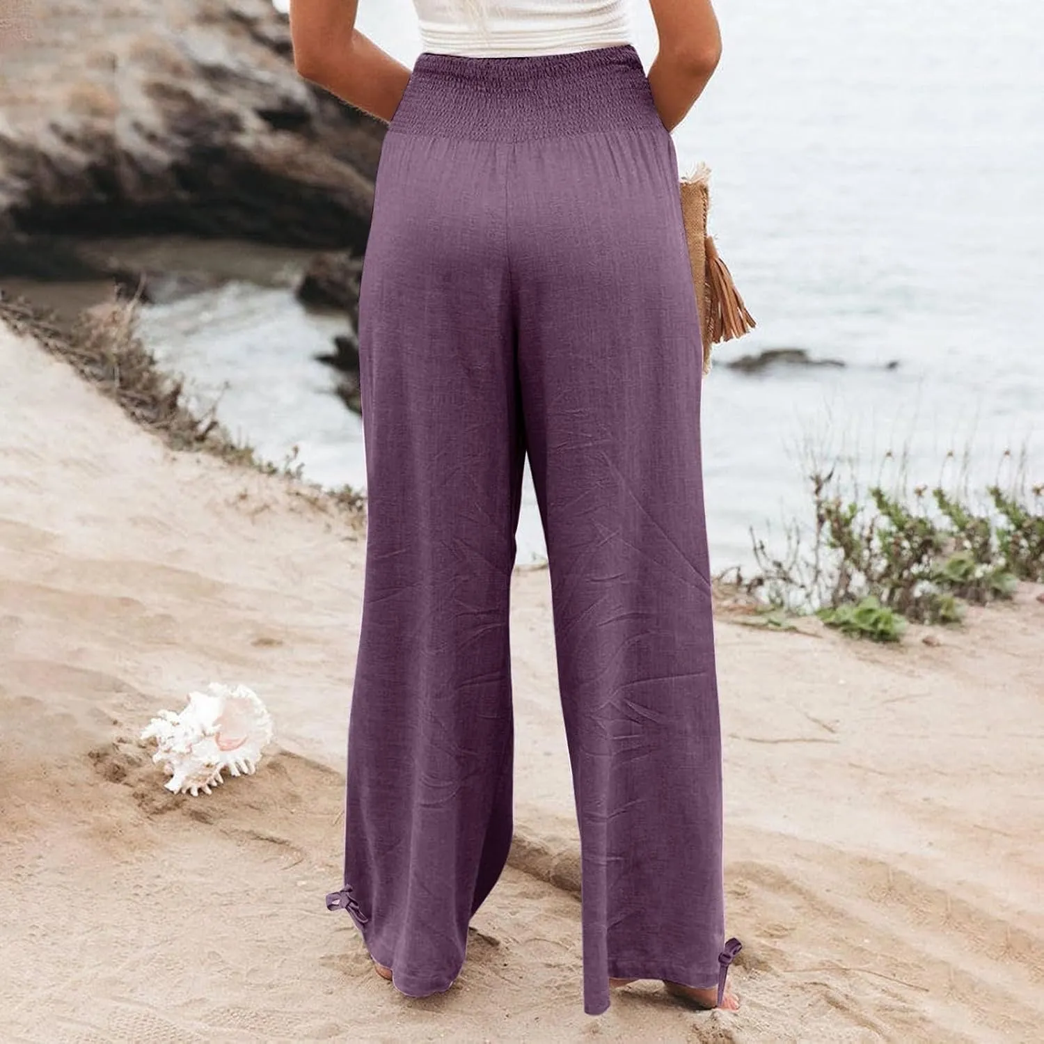 YRAETENM Womens Cotton Linen Palazzo Pants Summer Boho Wide Leg Lounge Pants Drawstring Casual Beach Trousers with Pockets