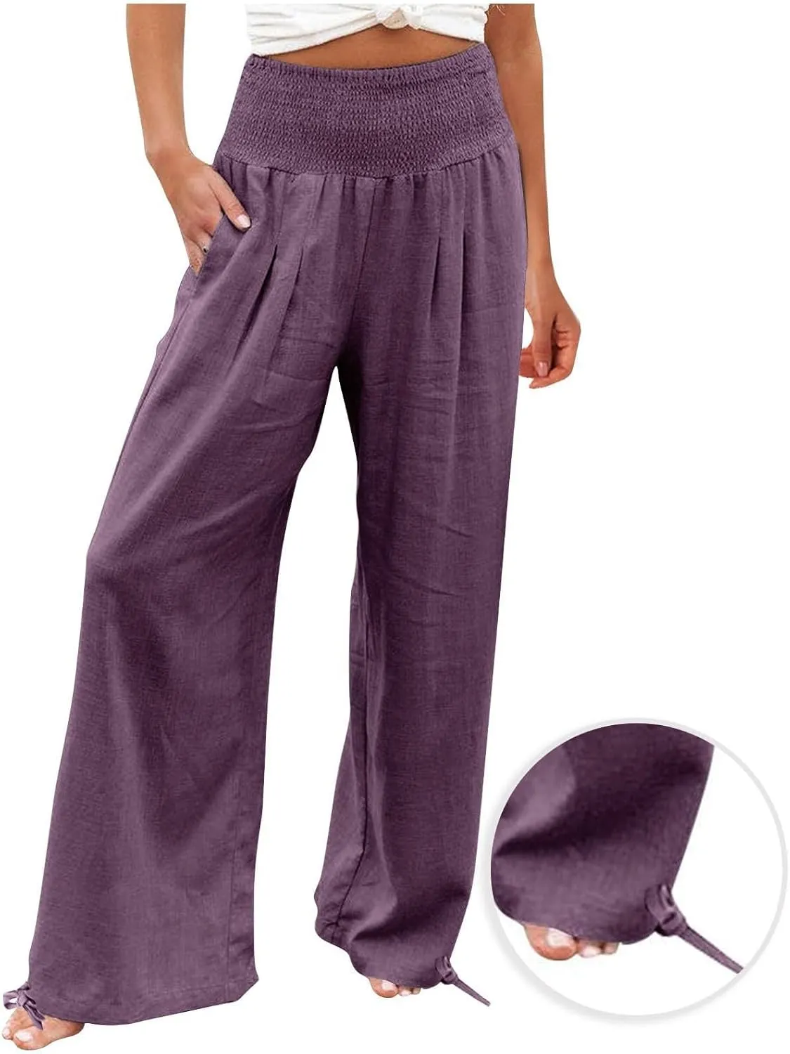YRAETENM Womens Cotton Linen Palazzo Pants Summer Boho Wide Leg Lounge Pants Drawstring Casual Beach Trousers with Pockets