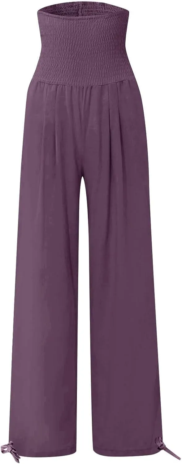 YRAETENM Womens Cotton Linen Palazzo Pants Summer Boho Wide Leg Lounge Pants Drawstring Casual Beach Trousers with Pockets