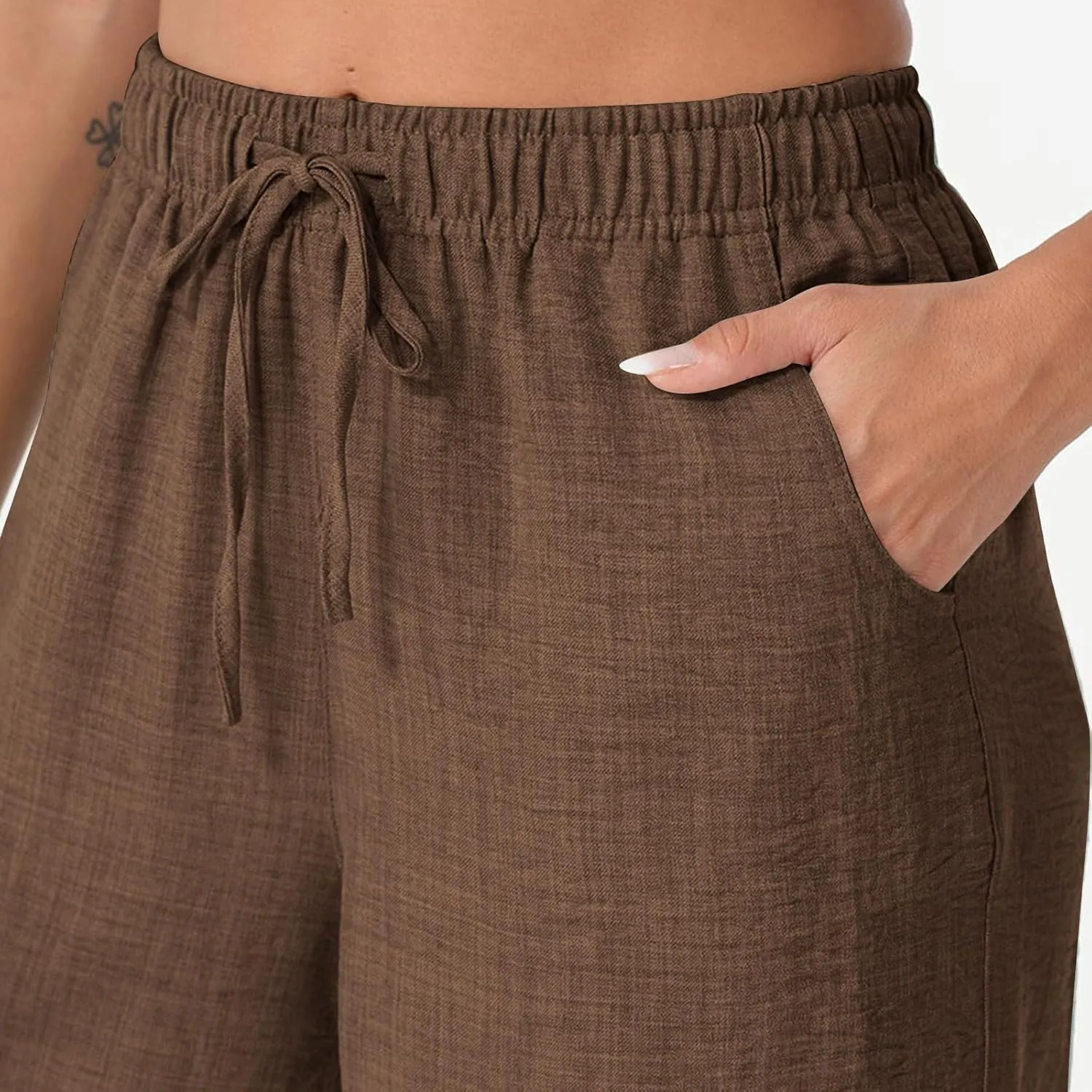 YRAETENM Women's Linen Pants Summer Drawstring High Waisted Solid Beach Pants Casual Wide Leg Lounge Trousers with Pockets