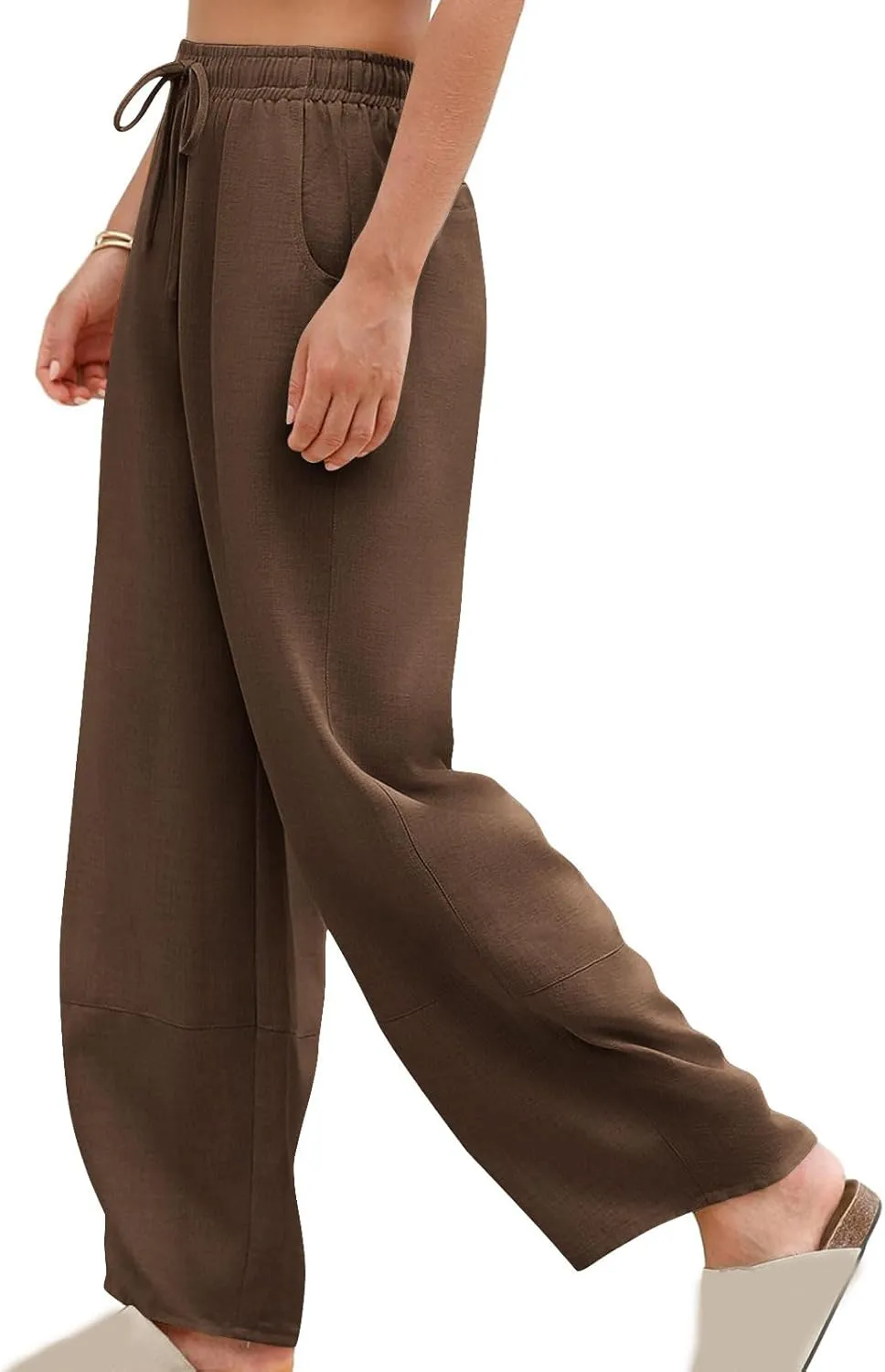 YRAETENM Women's Linen Pants Summer Drawstring High Waisted Solid Beach Pants Casual Wide Leg Lounge Trousers with Pockets