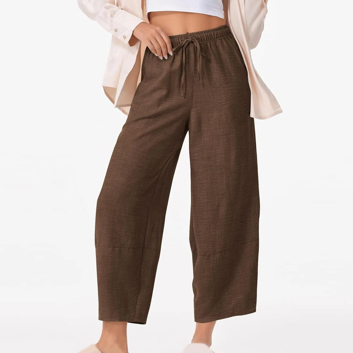 YRAETENM Women's Linen Pants Summer Drawstring High Waisted Solid Beach Pants Casual Wide Leg Lounge Trousers with Pockets