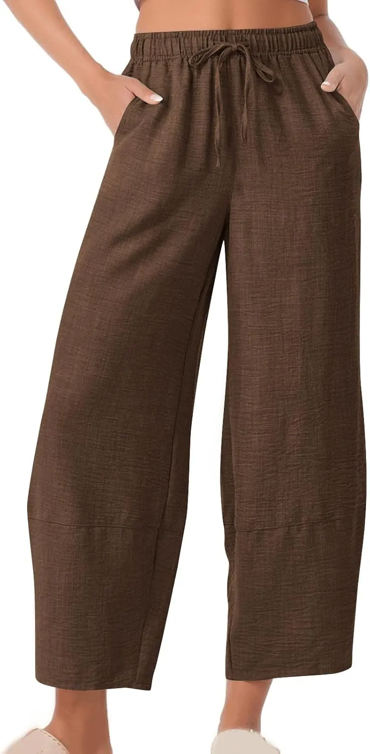 YRAETENM Women's Linen Pants Summer Drawstring High Waisted Solid Beach Pants Casual Wide Leg Lounge Trousers with Pockets